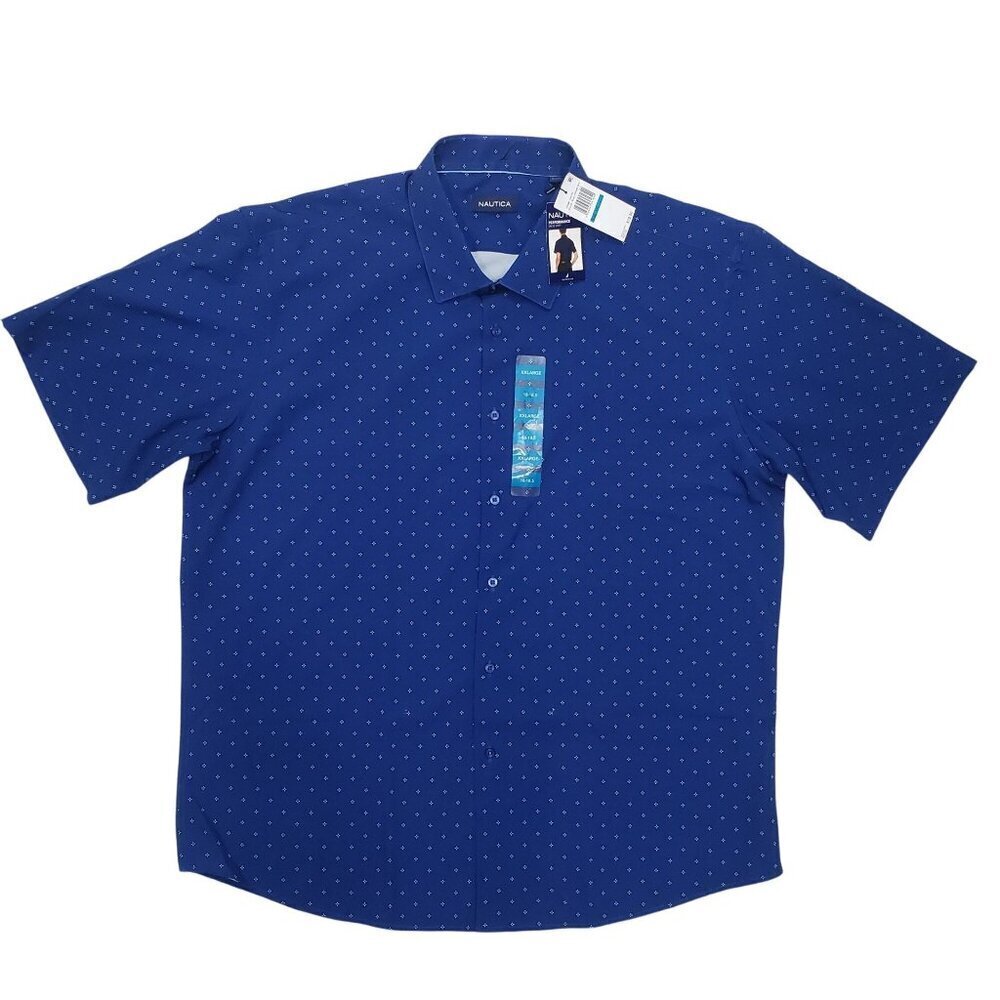 Nautica Performance Dress Shirt SS Blue Geo Stretch Cooling Mens XXL NWT Flaw